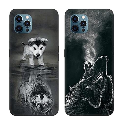 DiaryTown 2 Pack Hülle für iPhone 12 / iPhone 12 Pro Liquid Silikon Handyhülle mit Motiv Schutzhülle Ultra Dünn TPU Bumper Rundumschutz Schwarz Case für Cover iPhone 12 - Hund & Wolf von DiaryTown