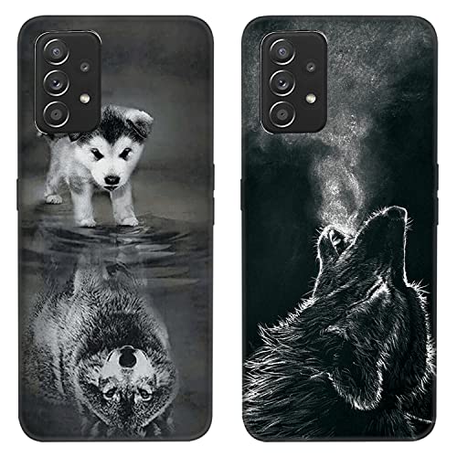 DiaryTown 2 Pack Samsung Galaxy A23 5G Hülle Ultra Dünn Liquid Silikon Handyhülle mit Tier Motiv Stoßfest Schutzhülle Schwarz Case Soft Microfaser Bumper Cover für Galaxy A23 5G - Hund/Wolf von DiaryTown