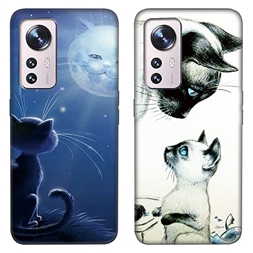 DiaryTown 2 Pack Xiaomi 12 / Xiaomi 12X Hülle Ultra Dünn Liquid Silikon Handyhülle mit Tier Motiv Stoßfest Schutzhülle Schwarz Case Soft Microfaser Bumper Weich TPU Cover für Xiaomi 12 - Süße Katze von DiaryTown