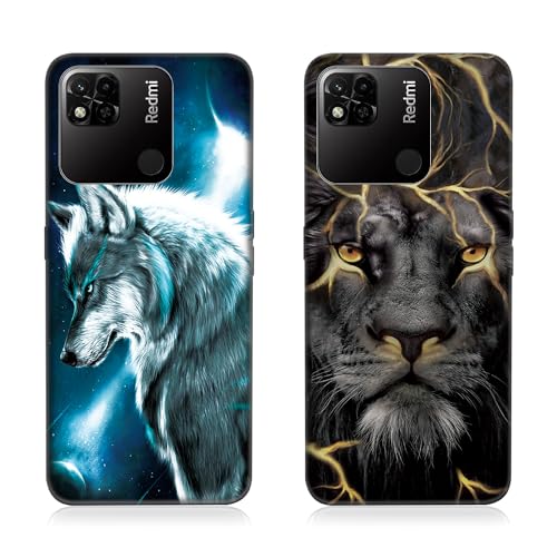 DiaryTown 2 Pack Xiaomi Redmi 10C Hülle Ultra Dünn Liquid Silikon Kratzfest Handyhülle mit Tier Motiv Schwarz Case Cover Soft TPU Bumper Stoßfest Rundumschutz Schutzhülle für Redmi 10C - Wolf & Löwe von DiaryTown