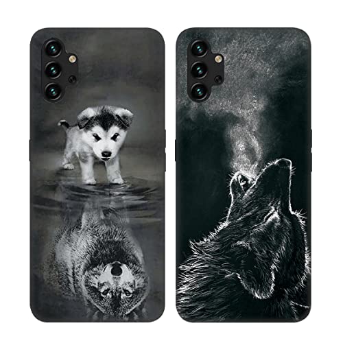 DiaryTown 2 Pack für Samsung Galaxy A13 4G Handyhülle Silikon Muster Schwarz Hülle Ultra Dünn Case mit Motiv Stoßfest Schutzhülle Bumper Weich TPU Cover für Galaxy A13 4G - Hund & Wolf von DiaryTown