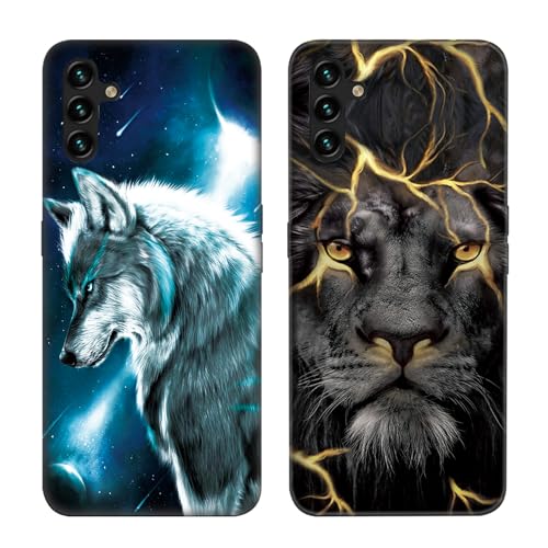 DiaryTown 2 Pack für Samsung Galaxy A13 5G Handyhülle Silikon Muster Schwarz Hülle Ultra Dünn Case mit Motiv Stoßfest Schutzhülle Bumper Weich TPU Cover für Samsung Galaxy A04S - Wolf & Löwe von DiaryTown