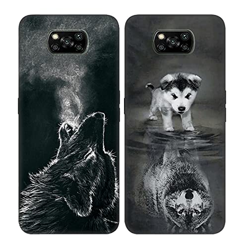 DiaryTown 2 Pack für Xiaomi Poco X3 NFC Hülle, Ultra Dünn Silikon Bumper Schutzhülle Stoßfest mit Muster Motiv Schwarz Handyhüllen Weich TPU Cover für Xiaomi Poco X3 Pro - Hund & Wolf von DiaryTown