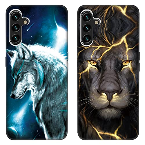 DiaryTown 2 Stück Samsung Galaxy A14 5G Hülle mit Tier Muster Motiv Handyhülle Ultra Dünn Silikon Schwarz Case Stoßfeste Schutzhülle Weich Microfiber TPU Bumper Cover für Galaxy A14 4G - Wolf & Löwe von DiaryTown