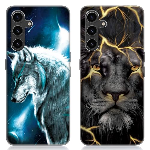 DiaryTown 2 Stück Samsung Galaxy A15 5G / 4G Hülle Tier Muster Motiv Handyhülle Weich TPU Silikon Schwarz Case Kratzfest Stoßfeste Schutzhülle Ultra Dünn Cover für Galaxy A15 - Wolf & Löwe von DiaryTown