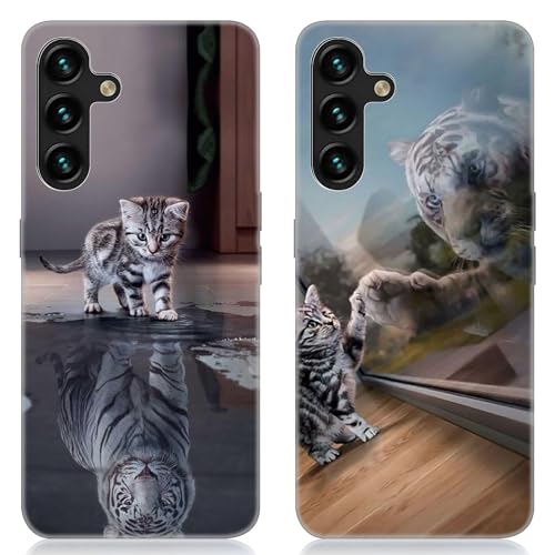 DiaryTown 2 Stück Samsung Galaxy A25 5G Hülle Tier Muster Motiv Handyhülle Weich TPU Silikon Schwarz Case Kratzfest Stoßfeste Schutzhülle Ultra Dünn Cover für Galaxy A25 5G, Katze & Tiger von DiaryTown