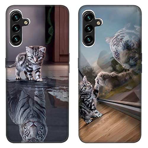 DiaryTown 2 Stück Samsung Galaxy A54 5G Hülle mit Tier Muster Motiv Handyhülle Ultra Dünn Silikon Schwarz Case Stoßfeste Schutzhülle Weich Microfiber TPU Bumper Cover für Galaxy A54 5G - Katze & Tiger von DiaryTown