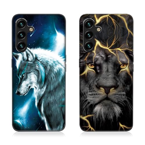 DiaryTown 2 Stück Samsung Galaxy A54 5G Hülle mit Tier Muster Motiv Handyhülle Ultra Dünn Silikon Schwarz Case Stoßfeste Schutzhülle Weich Microfiber TPU Bumper Cover für Galaxy A54 5G - Wolf & Löwe von DiaryTown