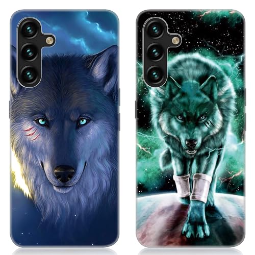 DiaryTown 2 Stück Samsung Galaxy A55 5G Hülle Tier Muster Motiv Handyhülle Weich TPU Silikon Schwarz Case Kratzfest Stoßfeste Schutzhülle Ultra Dünn Cover für Galaxy A55 5G, Wolf von DiaryTown