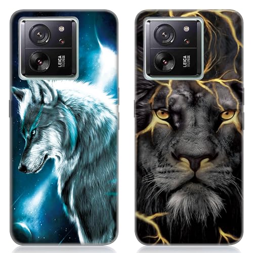 DiaryTown 2 Stück Xiaomi 13T Hülle Tier Muster Motiv Handyhülle Weich TPU Silikon Schwarz Case Kratzfest Stoßfeste Schutzhülle Ultra Dünn Cover für Xiaomi 13T Pro - Wolf & Löwe von DiaryTown