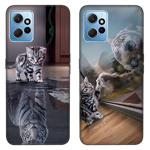 DiaryTown 2 Stück Xiaomi Redmi Note 12 4G Hülle Tier Muster Motiv Handyhülle Ultra Dünn Silikon Schwarz Case Kratzfest Stoßfeste Schutzhülle TPU Bumper Cover für Redmi Note 12 4G - Katze & Tiger von DiaryTown