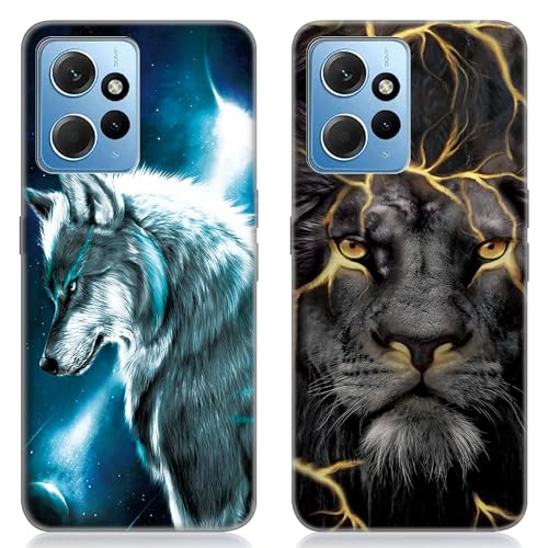 DiaryTown 2 Stück Xiaomi Redmi Note 12 4G Hülle Tier Muster Motiv Handyhülle Ultra Dünn Silikon Schwarz Case Kratzfest Stoßfeste Schutzhülle Weich TPU Bumper Cover für Redmi Note 12 4G - Wolf & Löwe von DiaryTown