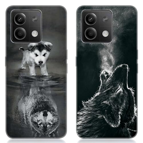 DiaryTown 2 Stück Xiaomi Redmi Note 13 5G Hülle Tier Muster Motiv Handyhülle Weich TPU Silikon Schwarz Case Kratzfest Stoßfeste Schutzhülle Ultra Dünn Cover für Redmi Note 13 5G - Hund & Wolf von DiaryTown