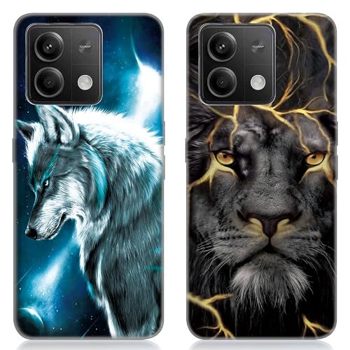 DiaryTown 2 Stück Xiaomi Redmi Note 13 5G Hülle Tier Muster Motiv Handyhülle Weich TPU Silikon Schwarz Case Kratzfest Stoßfeste Schutzhülle Ultra Dünn Cover für Redmi Note 13 5G - Wolf & Löwe von DiaryTown