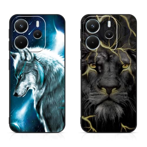DiaryTown 2 Stück Xiaomi Redmi Note 14 4G Hülle Tier Muster Motiv Handyhülle Weich TPU Silikon Schwarz Case Kratzfest Stoßfeste Schutzhülle Ultra Dünn Cover für Redmi Note 14 4G - Wolf & Löwe von DiaryTown
