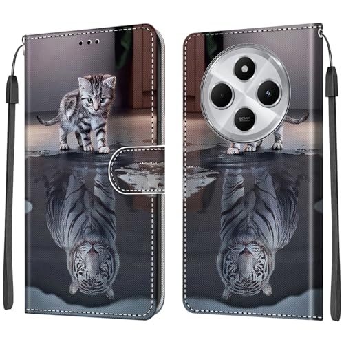 DiaryTown Hülle für Xiaomi Redmi 14C 4G Handyhülle Lederhülle Kartenfach Ständer Magnet Klapphülle 360 Stoßfest Schutzhülle Flip Case Cover Brieftasche Redmi 14C 4G Handytasche - Katze & Tiger von DiaryTown