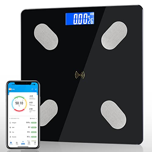 Diboniur Körperfettwaage, Waage mit Körperfett und Muskelmasse mit APP, Personenwaage mit Körperfettanalyse für Körperfett, BMI, Muskelmasse und Andere (Schwarz) von Diboniur