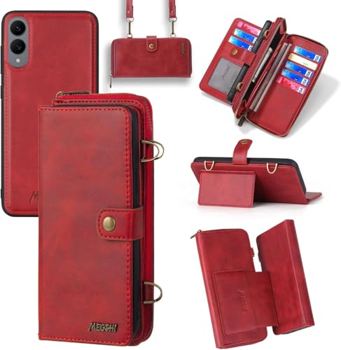 Dibosom Abnehmbare 2-in-1-Schutzhülle für Samsung Galaxy S25 Ultra, mit Handschlaufe, Schultergurt, 9 Kartenfächern, Reißverschluss, Handyhülle für S25Ultra 25S S 25 25Ultra 6.9 2025, Rot von Dibosom