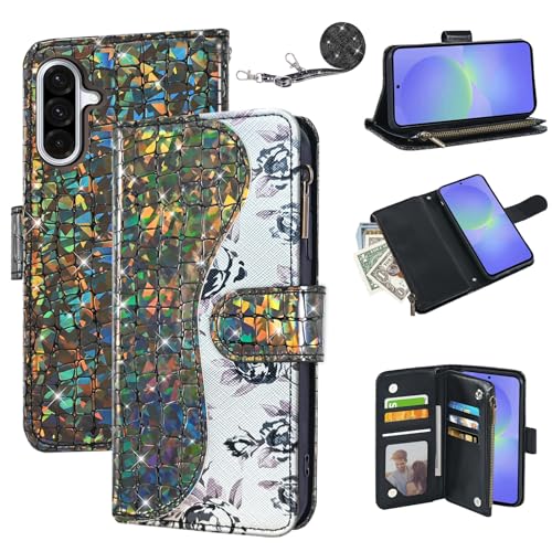 Dibosom Schutzhülle für Samsung Galaxy S25 Plus S25+ 5G mit Handschlaufe, Schultergurt, Klapp-Reißverschluss, Kartenhalter, Ständer, glitzernd, glitzernd, Schwarz von Dibosom
