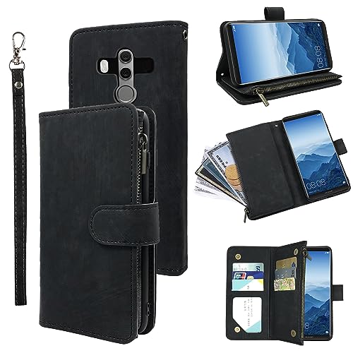 Kompatibel mit Huawei Mate 10 Pro Wallet Case Handschlaufe Lanyard und Premium Vintage Leder Flip Kreditkartenhalter Ständer Handy Zubehör Handyhülle für Hawaii Mate10Pro Mate10 10Pro Frauen Schwarz von Dibosom