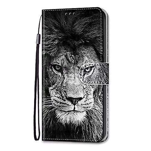 Didan Nadoli Handyhülle Leder für Samsung Galaxy A14 5G,Bunt Bemalt Cool Schwarz Weiß Löwe Trageschlaufe Kartenfach Magnet Ständer Schutzhülle Brieftasche Etui von Didan