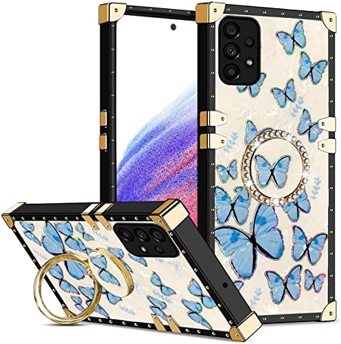 Didan Quadratisch Niet Hülle für Samsung Galaxy A52 5G/4G Handyhülle mit Glitzer Ring Ständer Elegant Schmetterling Weich Silikon Stilvolle Stoßfeste Frauen Cover,Blau von Didan