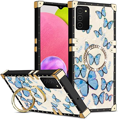 Didan Quadratisch Niet Hülle für Samsung Galaxy A71 Handyhülle mit Glitzer Ring Ständer Elegant Schmetterling Weich Silikon Stilvolle Stoßfeste Frauen Cover,Blau von Didan