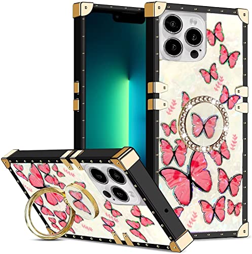 Didan Quadratisch Niet Hülle für iPhone 12 Pro Max Handyhülle mit Glitzer Ring Ständer Elegant Schmetterling Weich Silikon Stilvolle Stoßfeste Frauen Cover,Rosa von Didan