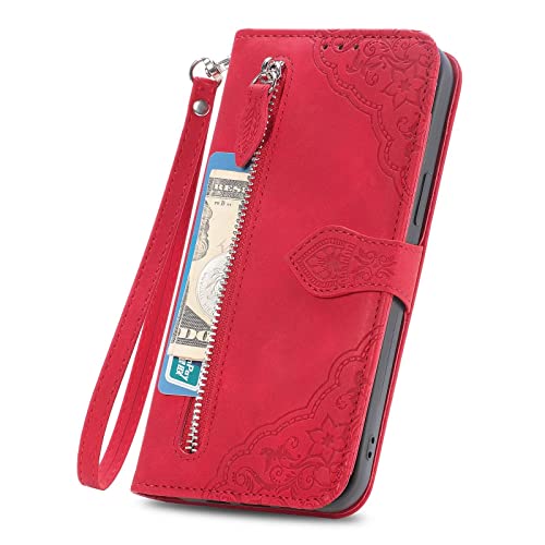 Didan Retro Reißverschluss Handyhülle für Samsung Galaxy A33 5G Blume Hülle Leder Handytasche Cover mit 7 Kartenfächer Standfunktion Geldbörse Brieftasche Flip Case von Didan