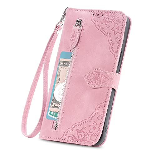 Didan Retro Reißverschluss Handyhülle für Samsung Galaxy A70 Blume Hülle Leder Handytasche Cover mit 7 Kartenfächer Standfunktion Geldbörse Brieftasche Flip Case von Didan