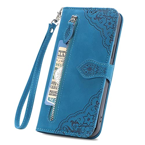 Didan Retro Reißverschluss Handyhülle für Samsung Galaxy M52 5G Blume Hülle Leder Handytasche Cover mit 7 Kartenfächer Standfunktion Geldbörse Brieftasche Flip Case von Didan