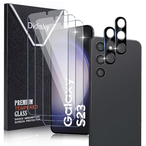 Didisky 3+2 Stück Schutzfolie Kompatibel mit Samsung Galaxy S23 (Not Galaxy S23 FE),3 Stück Displayschutzfolie und 2 Stück Kameraschutzfolie,9H Hartglas, High Definition Schutzfolie von Didisky