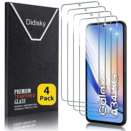 Didisky 4 Stück Schutzfolie Kompatibel mit Samsung Galaxy A34 5G,9H Hartglas 6.6 Zoll, Keine Blasen, High Definition Schutzfolie, Einfach anzuwenden von Didisky
