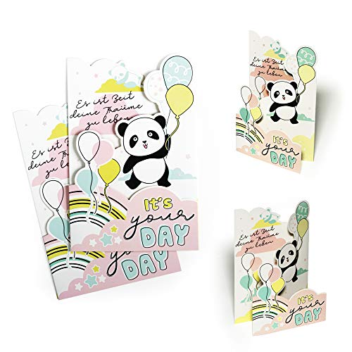 Geburtstagskarte (2 Stk) mit Panda und Luftballons | Karte Geburtstag für Kinder und Junggebliebene | Grußkarte, Glückwunschkarte, Gutschein, 3D Effekt, X007 von Diese-Klappkarten