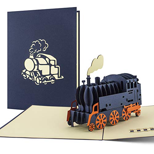 Lokomotive als Pop Up Karte als Geschenk oder Geburtstagskarte für Dampflok-Liebhaber, Glückwunschkarte in 3D, Bahn Geschenkidee, Karte zum Geburtstag, Reisegutschein, Bahnreise, begeistert T09 von Diese-Klappkarten