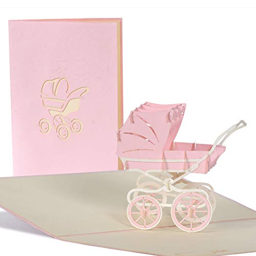 Pop Up Karte mit rosa Kinderwagen aus Papier, Glueckwunschkarte zur Geburt von Maedchen, Baby Dusche G13.3 von Diese-Klappkarten