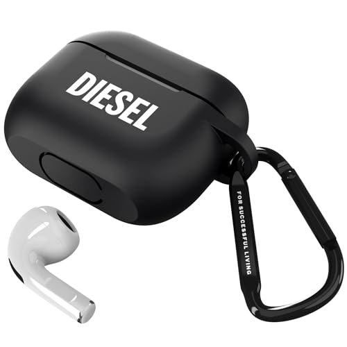 Diesel Case Kompatibel mit AirPods 3 | Silikon-Ohrhörer-Schutzhülle | Kabelloses Aufladen kompatibel | Kopfhörer-Tragetasche mit Karabiner | Schwarz von Diesel