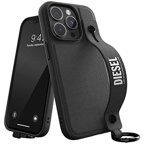 Diesel Hülle Entworfen für iPhone 14 Pro mit Griff | 6,1 Zoll schwarzes und weißes Lederdesign mit Halter | Stoßfester Fallschutz | Kompatibel mit kabellosem Laden | Erhöhten Kanten von Diesel