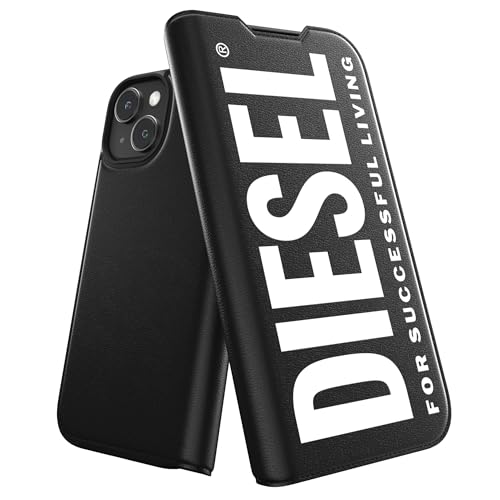 Diesel Schutzhülle für iPhone 15 | Schwarz-Weiß-Design | stoßfester Fallschutz | Folio-Booklet-Hülle | kabelloses Laden kompatibel | erhöhte Kanten Schutzhülle von Diesel