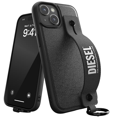 Diesel iPhone 15 Hülle mit Griff | Schwarz-Weißes Leder-Design mit Halterung | Stoßfester Fallschutz | Kabelloses Laden kompatibel | Handyhülle mit erhöhten Kanten von Diesel