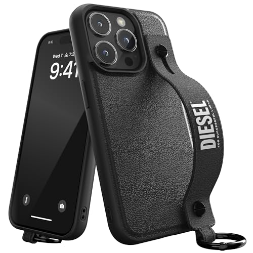 Diesel iPhone 15 Pro Hülle mit Griff | Schwarz-Weißes Leder-Design mit Halterung | Stoßfester Fallschutz | Kabelloses Laden kompatibel | Handyhülle mit erhöhten Kanten von Diesel