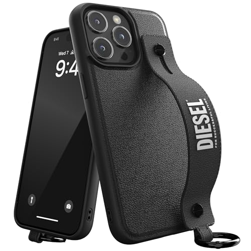 Diesel iPhone 15 Pro Max Hülle mit Griff | Schwarz-Weißes Leder-Design mit Halterung | Stoßfester Fallschutz | Kabelloses Laden kompatibel | Handyhülle mit erhöhten Kanten von Diesel