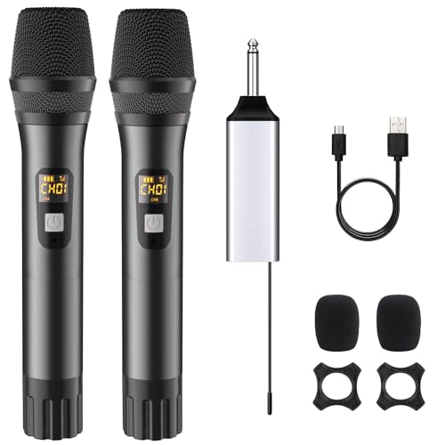 DigitConvert Mikrofon Kabellos, Drahtloses Funkmikrofon Set UHF Dual 60M Wirelees Microphone Handmikrofon Dynamisches Micro System mit wiederaufladbarem Empfänger für PA System, Karaoke, Party von DigitConvert