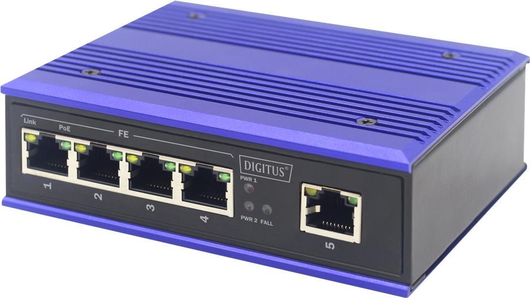 DIGITUS Industrial - Switch - unmanaged - 4 x 10/100 (PoE+) + 1 x 10/100 (Uplink) - Desktop, an DIN-Schiene montierbar - PoE+ (DN-650107) von Digitus