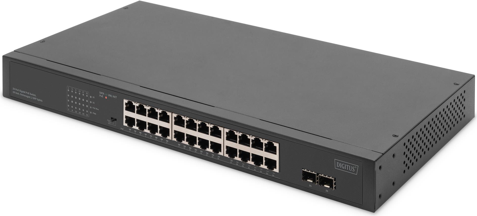 Digitus 24-Port Gigabit Netzwerkswitch - 19 Zoll - unmanaged,2 Uplink Ports - SFP - Unmanaged - Gigabit Ethernet (10/100/1000) - Vollduplex - Power over Ethernet (PoE) - Rack-Einbau - 1U (DN-95348-2) von Digitus
