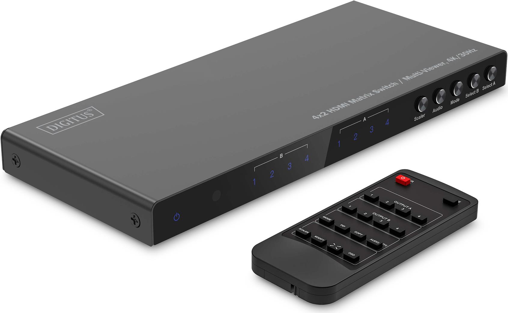 Digitus 4x2 HDMI Matrix Switch / Multi-Viewer - 4K/30Hz - AV-Matrix-Umschalter - 10,2 Gbit/s - Schwarz - Metall - Tasten - Remote - Status (DS-55345) von Digitus