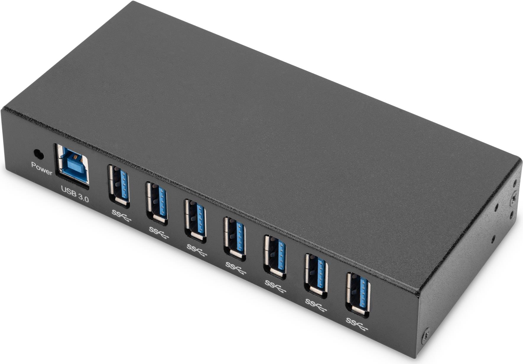 Digitus 7-Port USB 3.0 Hub, Industrial Line. Hostschnittstelle: USB 3.2 Gen 1 (3.1 Gen 1) Type-B, Hub-Schnittstellen: USB 3.2 Gen 1 (3.1 Gen 1) Type-A. Datenübertragungsrate: 5000 Mbit/s, Produktfarbe: Schwarz, Gehäusematerial: Metall. Netzteiltyp: Gleichstrom, Stromverbrauch (max.): 31,5 W, Eingangsspannung: 9 - 24 V. Breite: 69 mm, Tiefe: 139 mm, Höhe: 25 mm. Menge pro Packung: 1 Stück(e), Verpackungsbreite: 187 mm, Verpackungstiefe: 140 mm (DA-70258) von Digitus