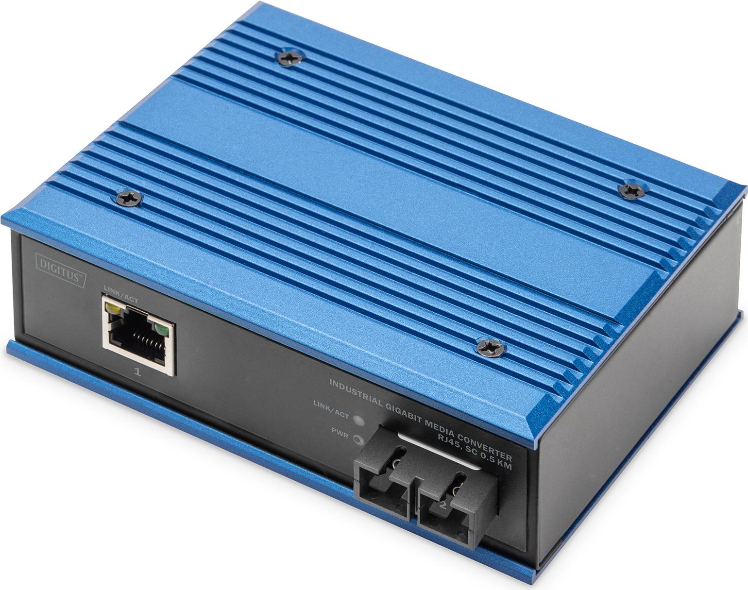 Digitus Industrieller Gigabit Medien Konverter RJ45, SC 0.5km. Maximale Datenübertragungsrate: 1000 Mbit/s, Converter Eingangsschnittstelle: 10Base-T, 100Base-T, 1000Base-T, Converter output Oberfläche: 1000Base-SX. Optischer Kabelverbinder: SC, Übertragungstechnik: Kabelgebunden. Maximal mögliche Übertragungsstrecke: 500 m, Wellenlänge: 850 nm, Kabel mode struktur: Multi-Modus. LED-Anzeigen: Aktivität, Status, Produktfarbe: Schwarz, Blau, Gehäusematerial: Metall. Eingangsspannung: 12 - 48 V, Stromverbrauch (Standardbetrieb): 3 W (DN-652101-1) Digitus Industrieller Gigabit Medien Konverter RJ45, SC 0.5km. Maximale Datenübertragungsrate: 1000 Mbit/s, Converter Eingangsschnittstelle: 10Base-T, 100Base-T, 1000Base-T, Converter output Oberfläche: 1000Base-SX. Optischer Kabelverbinder: SC, Übertragungstechnik: Kabelgebunden. Maximal mögliche Übertragungsstrecke: 500 m, Wellenlänge: 850 nm, Kabel mode struktur: Multi-Modus. LED-Anzeigen: Aktivität, Status, Produktfarbe: Schwarz, Blau, Gehäusematerial: Metall. Eingangsspannung: 12 - 48 V, Stromverbrauch (Standardbetrieb): 3 W (DN-652101-1) von Digitus