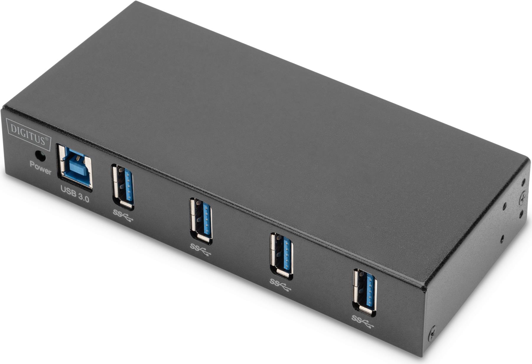 Digitus USB 3.0 Hub, 4-Port, Industrial Line. Hostschnittstelle: USB 3.2 Gen 1 (3.1 Gen 1) Type-B, Hub-Schnittstellen: USB 3.2 Gen 1 (3.1 Gen 1) Type-A. Datenübertragungsrate: 5000 Mbit/s, Produktfarbe: Schwarz, Gehäusematerial: Metall. Netzteiltyp: Gleichstrom, Stromverbrauch (max.): 18 W, Eingangsspannung: 9 - 24 V. Breite: 69 mm, Tiefe: 139 mm, Höhe: 25 mm. Menge pro Packung: 1 Stück(e), Verpackungsbreite: 187 mm, Verpackungstiefe: 140 mm (DA-70257) von Digitus
