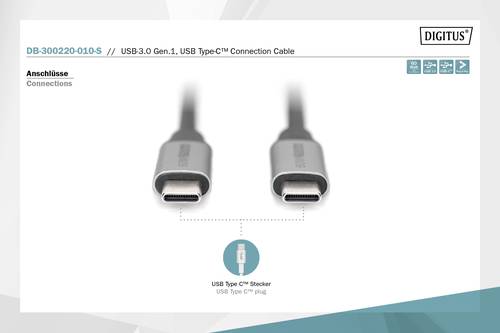 Digitus USB-Kabel USB 3.2 Gen1 (USB 3.0 / USB 3.1 Gen1) USB-C®, USB-C® Stecker 1.00m Schwarz Flexi von Digitus